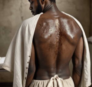 african american prisoner with scarring and blisters on his back.